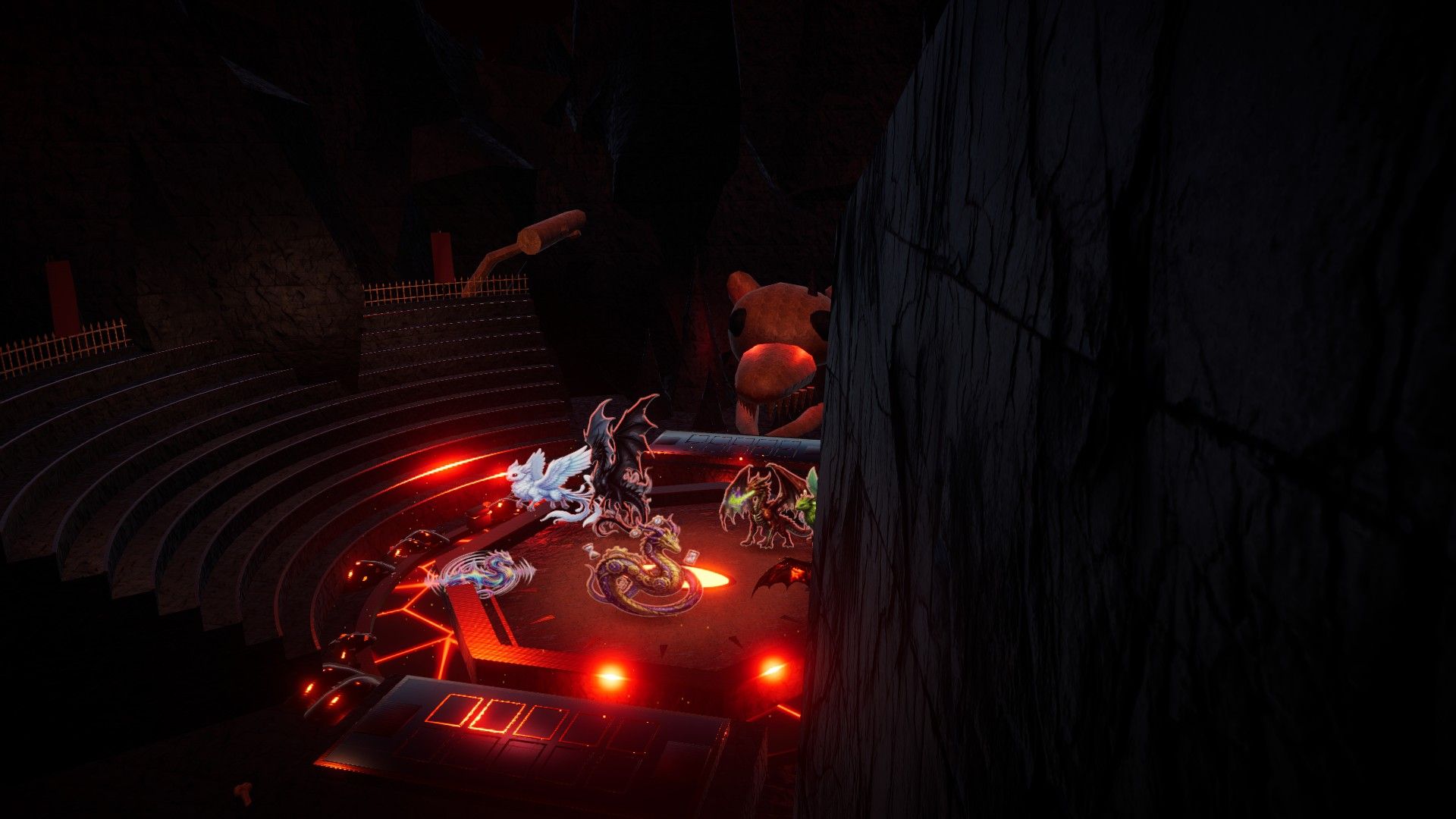 Dragon arena lit red, two creatures facing off