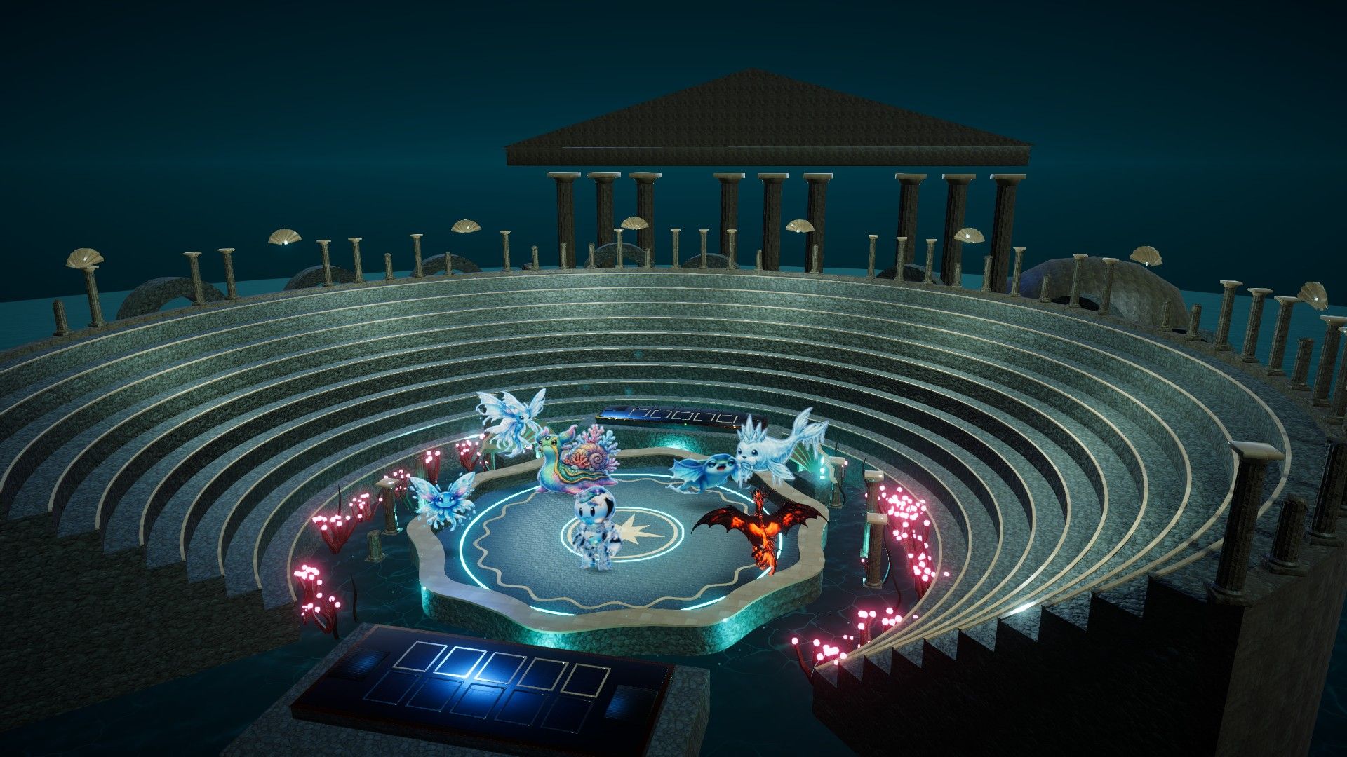 Water arena under a columned pavilion, sea all around