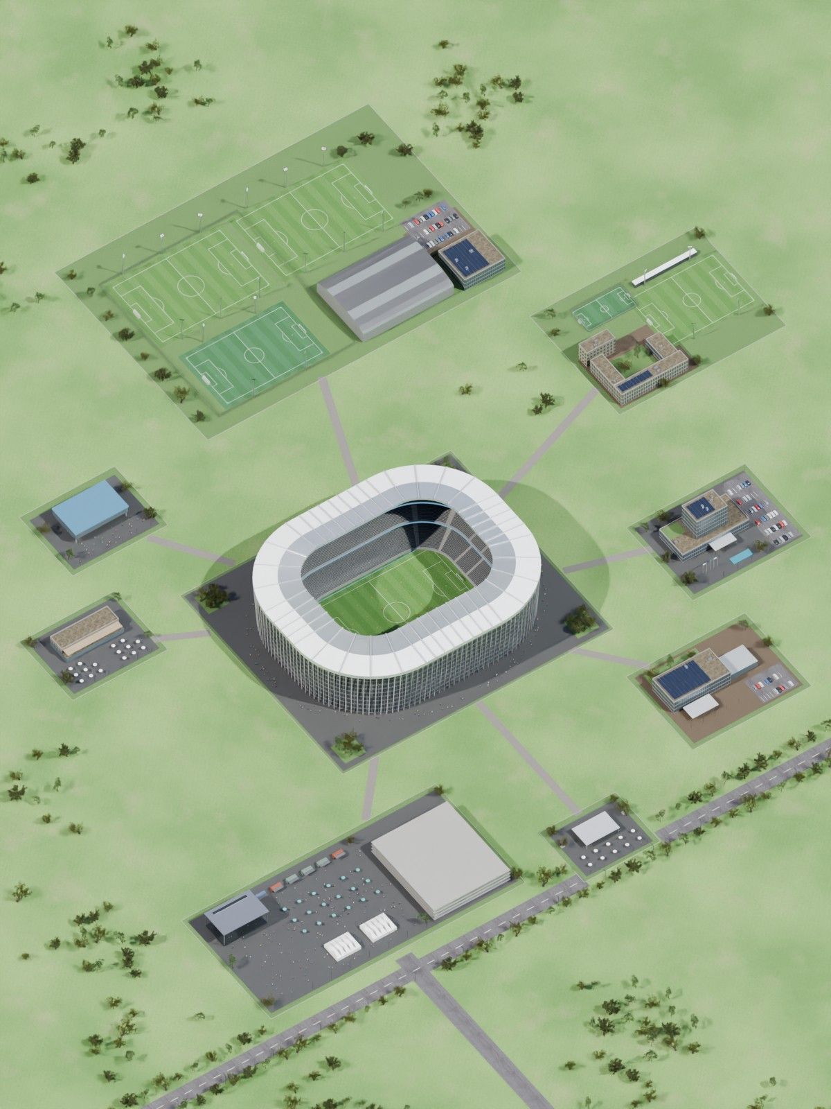 Daytime render of the club campus from above