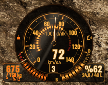 Amber gauge cluster showing speed, gear, load and fuel