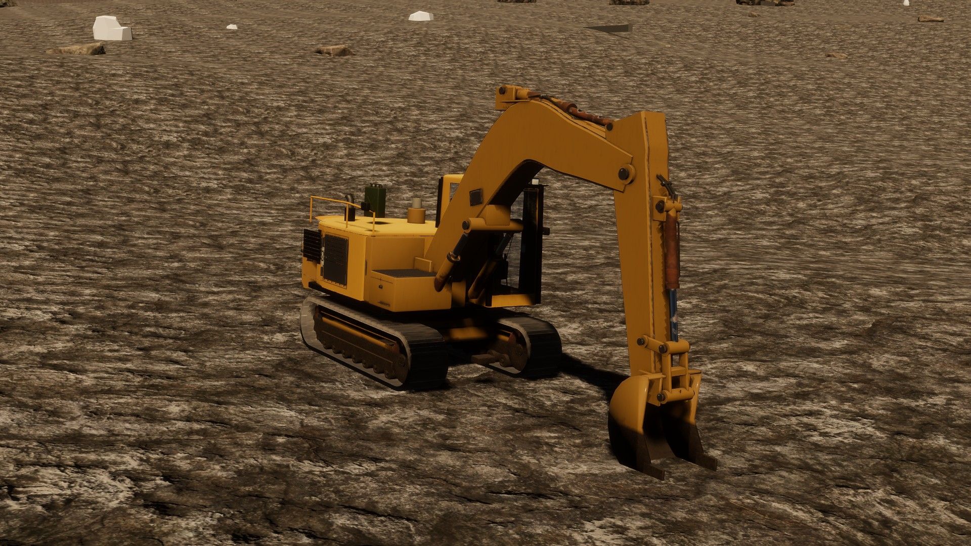 In-engine capture of the excavator on cracked dry ground, arm raised