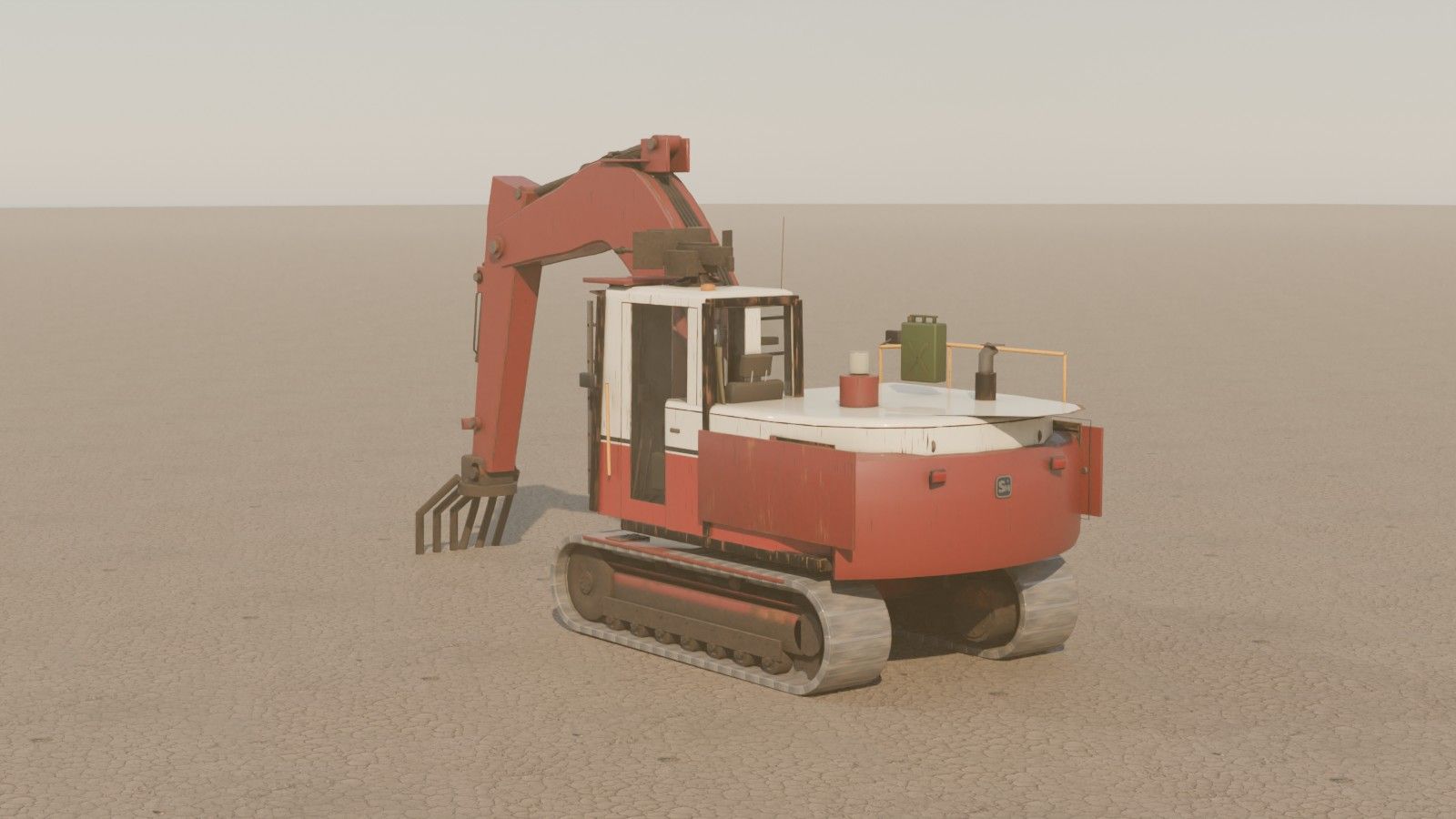 The excavator in red and white rare paint, rear three-quarter view on a dusty plain, fitted with a grapple