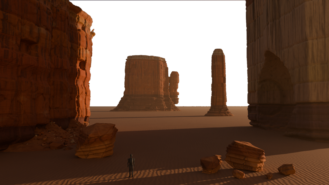 Red sandstone towers rising from a dusty canyon floor, a lone figure for scale