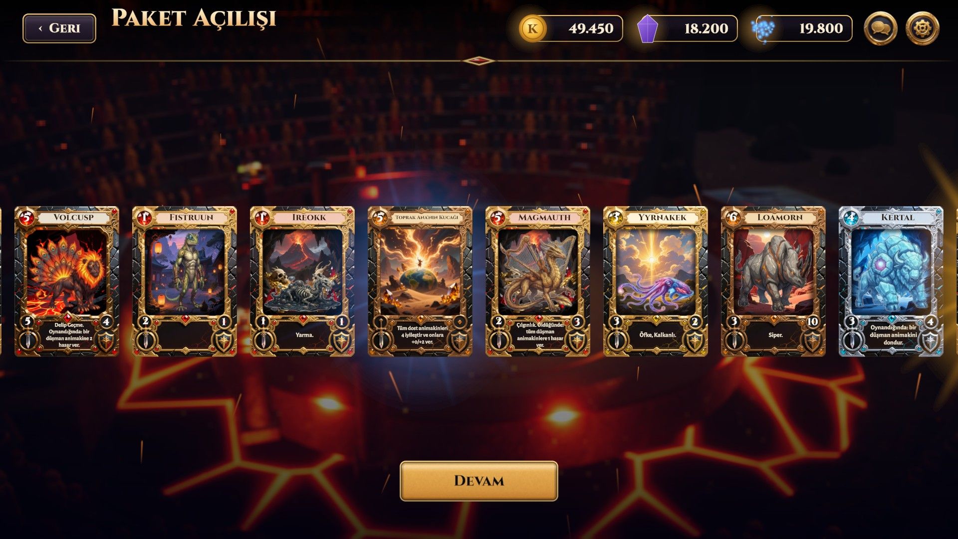Pack opening: eight framed creature cards laid out after a legendary pack