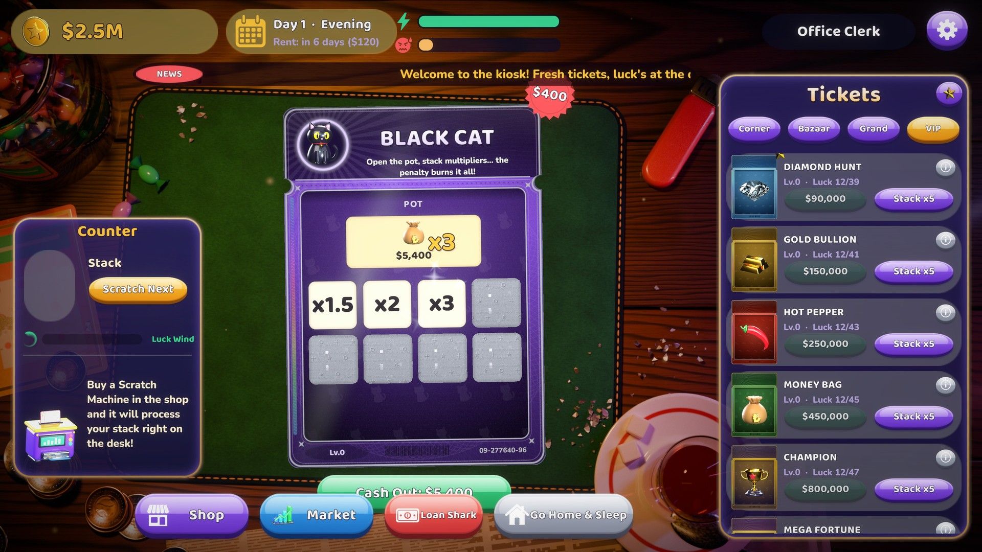 The Black Cat ticket on the kiosk counter, multipliers under the foil