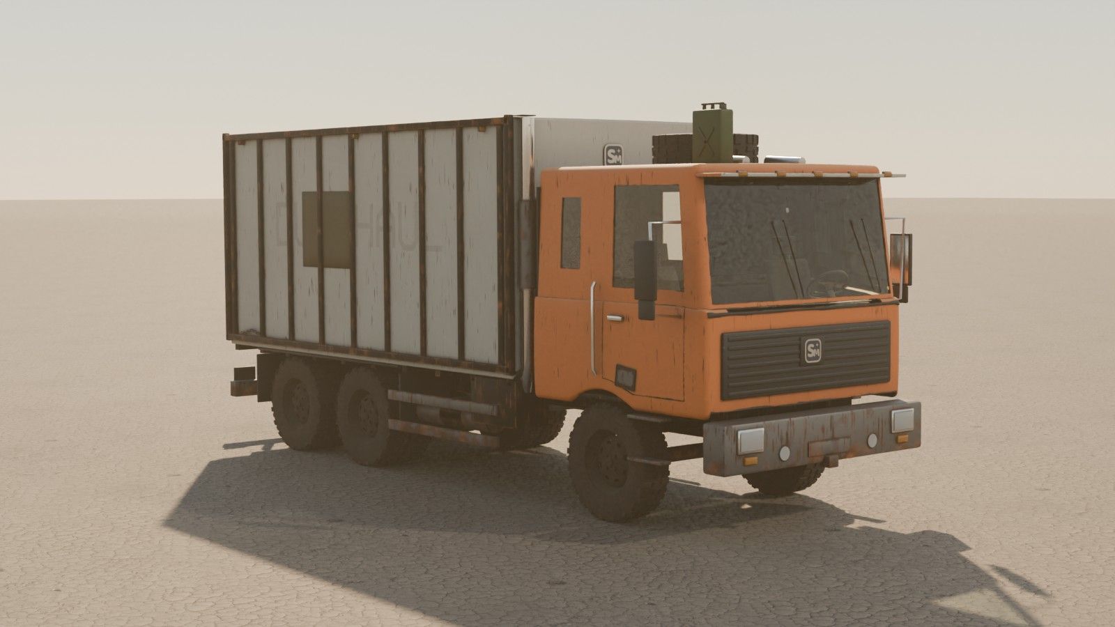 Orange cargo truck with a cage box on a salt flat