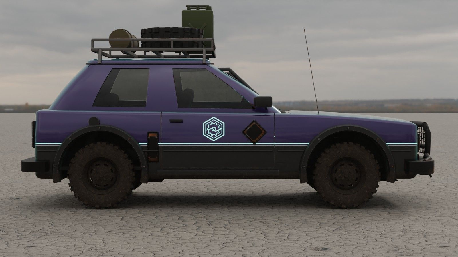 A purple hatchback with a roof rack, side view on a cracked plain