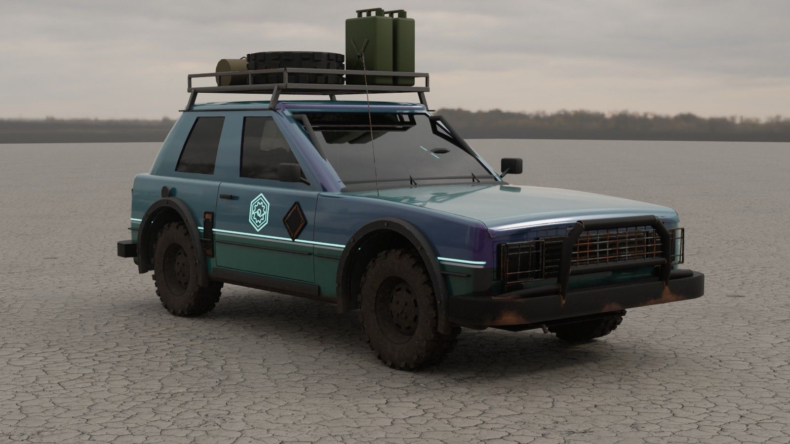 A rusted hatchback with a roof rack and jerrycans, legendary paint, on a cracked salt flat