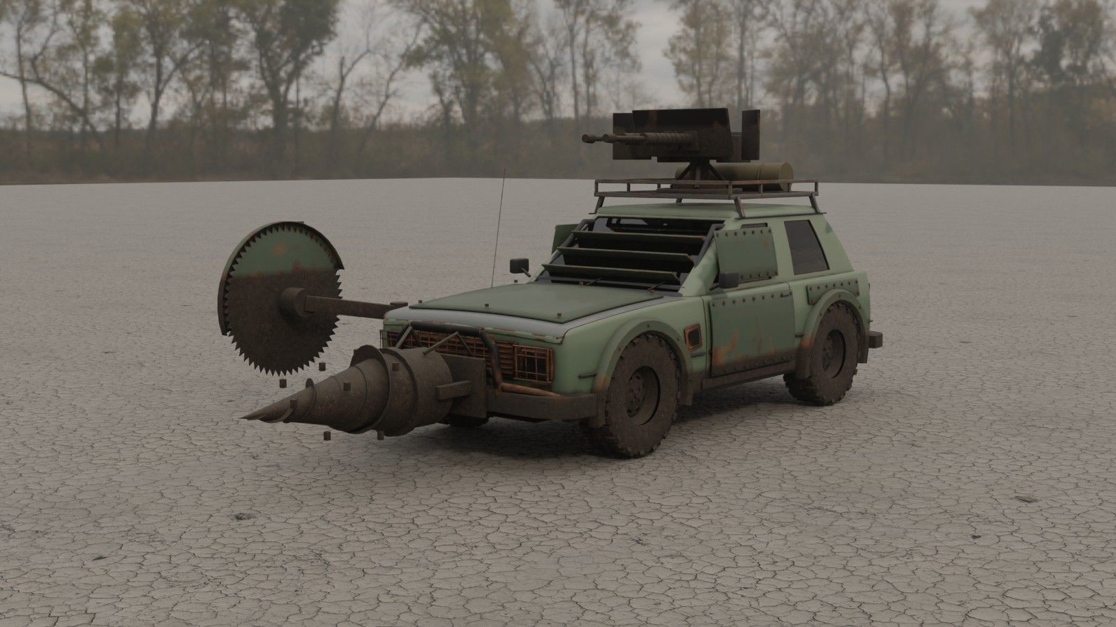 A green hatchback fitted with a saw blade, a drill ram and a roof gun