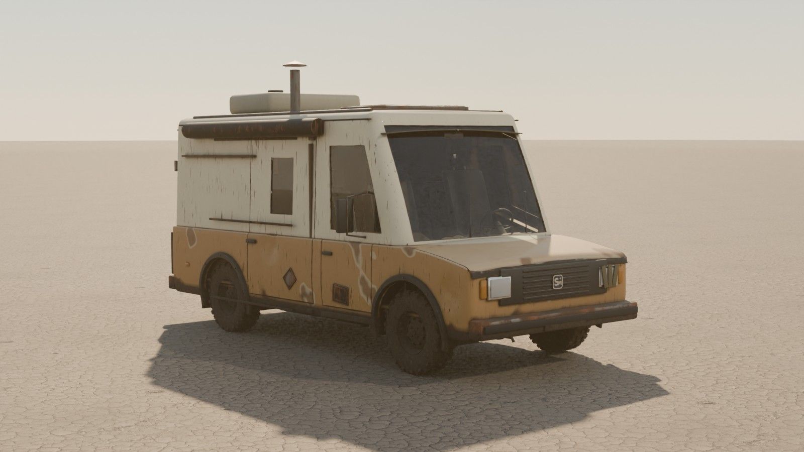 A caravan van with a chimney and rust on the doors