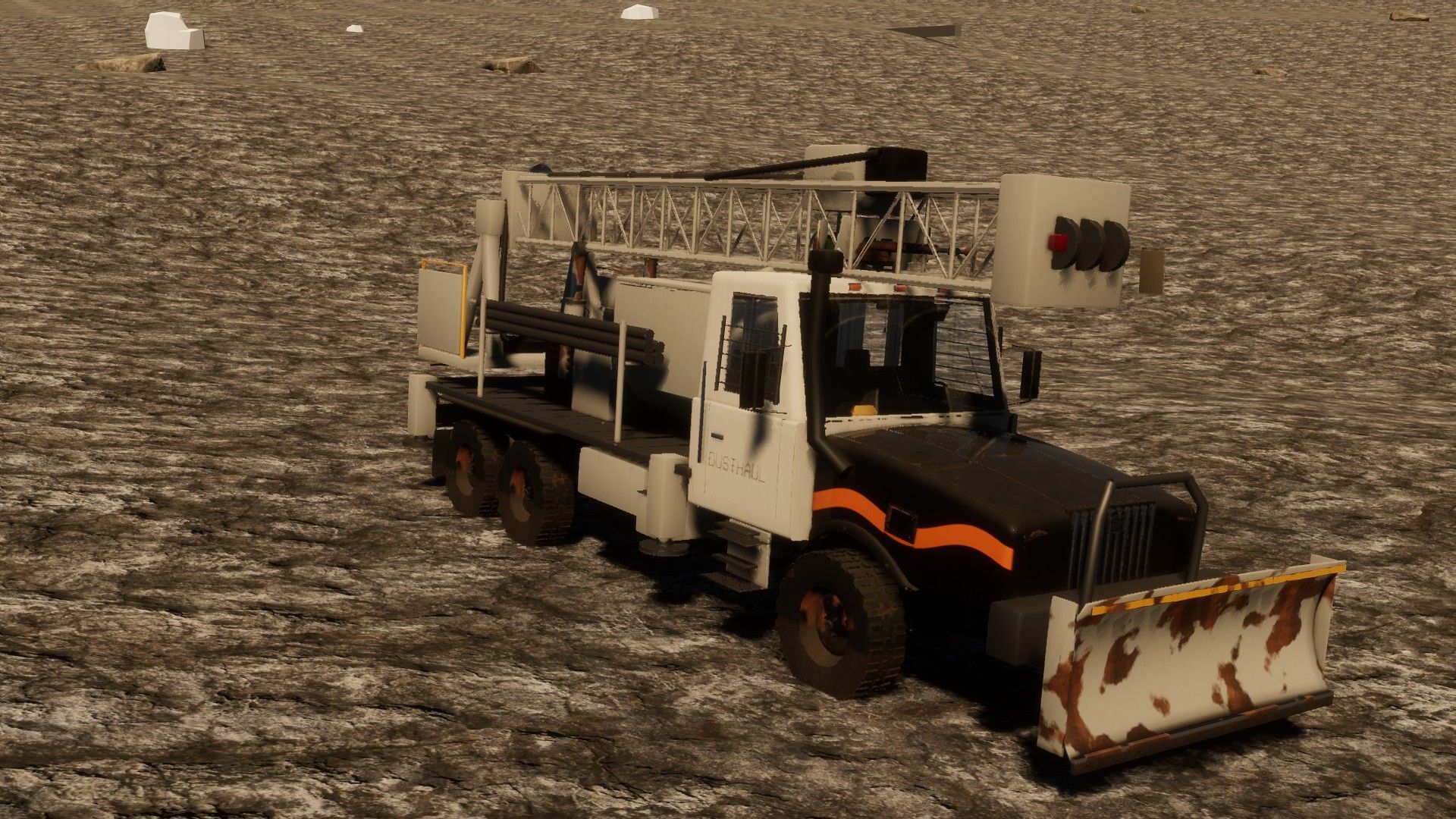 A white six-wheeled truck with a snow-plough blade and rusted paint