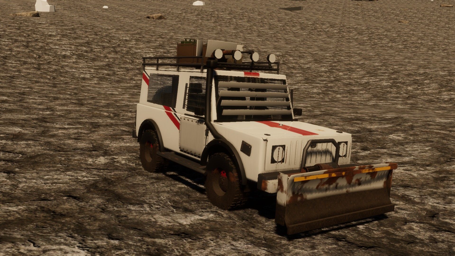 A white boxy off-roader with a roof rack, red stripes and a plough blade